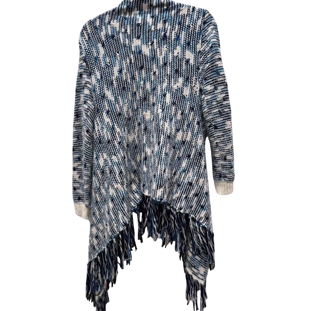 Yaira Open Front Fringe Cardigan Blue Space Dye Medium Boho Coastal Knit Sweater - Picture 5 of 6